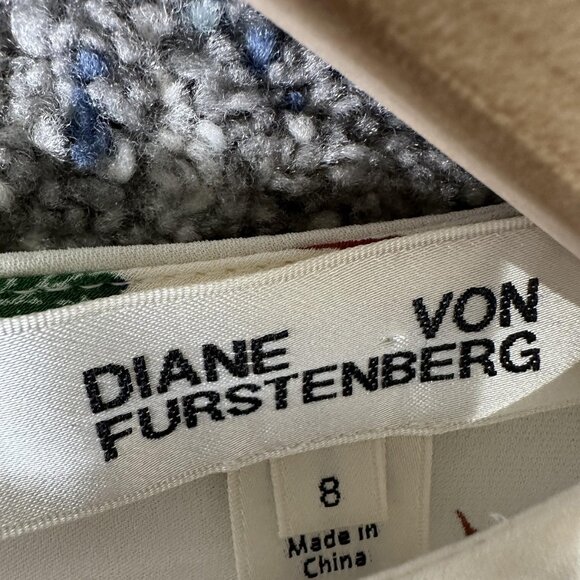 Diane von Furstenberg Blouse Womens 8 Cream Blue Floral Colorblock Long Sleeve - Picture 2 of 7